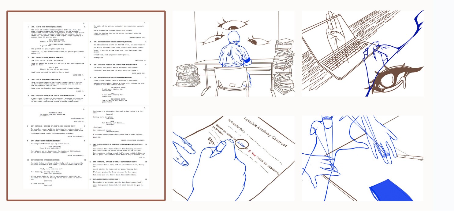 Script and four blue-and-brown storyboard drawings