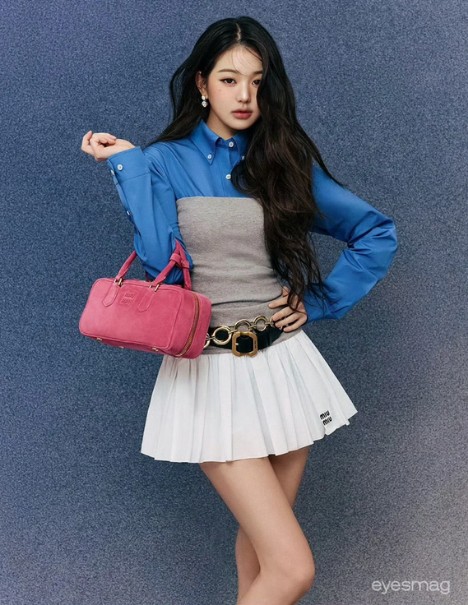 Miu Miu research reference showing a blue shirt and pink handbag