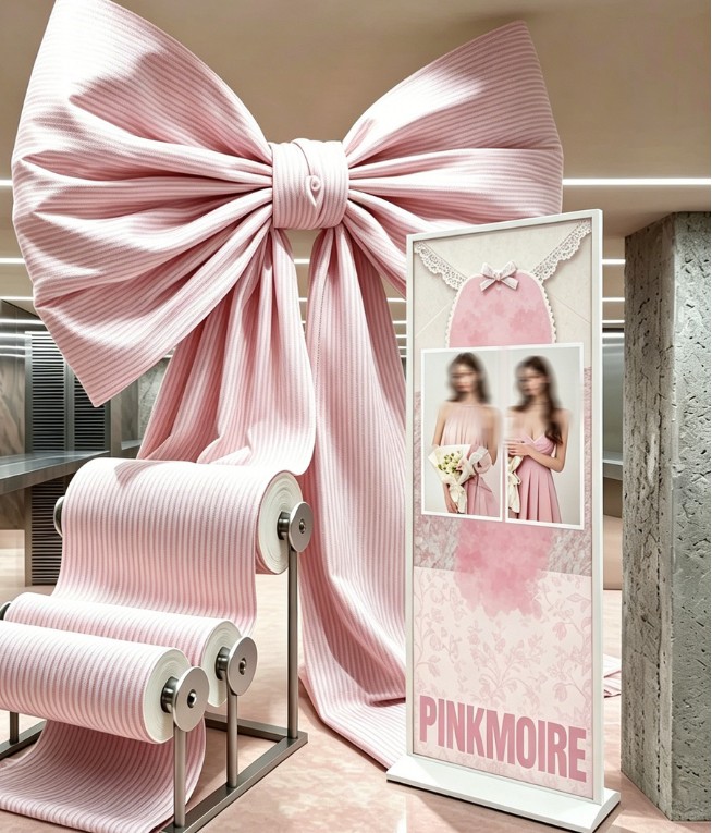 PinkMoire pink ribbon installation and brand display in a physical space