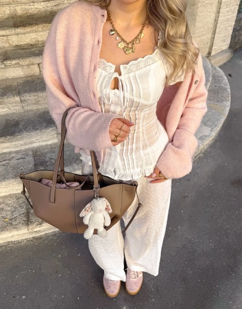 Pink cardigan and everyday outfit research reference