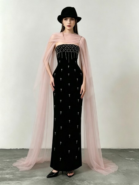 Black evening outfit with a pink drape lookbook concept