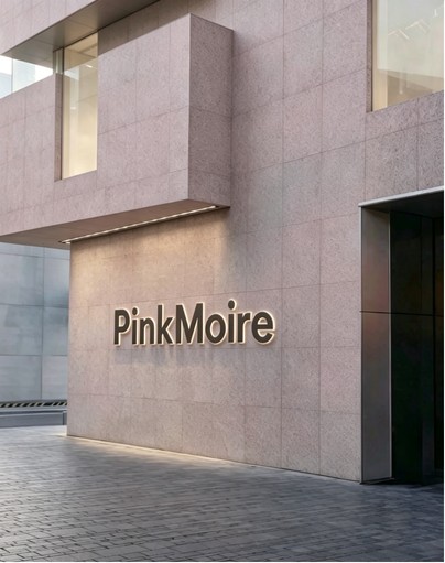 PinkMoire storefront concept on a pink stone facade