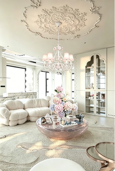 Pop-up store interior concept with flowers and chandelier