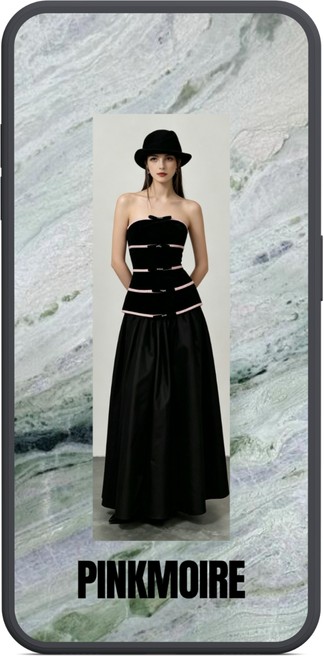 Black evening outfit promotion concept in a phone frame
